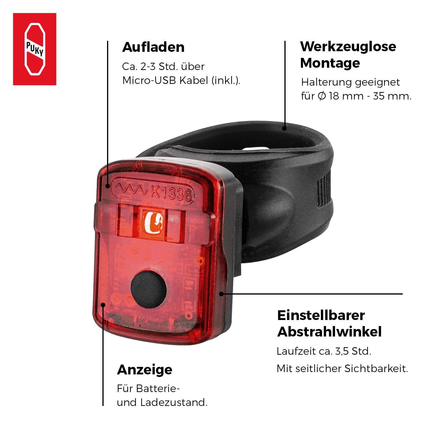 PUKY LUMI LED-Frontscheinwerfer & Rücklicht-Set | Seitliche Sichtbarkeit | Werkzeuglose Montage | Für 20" Fahrräder & LS-PRO | StVZO-Zugelassen | Micro-USB Aufladbar | Flexibles Design