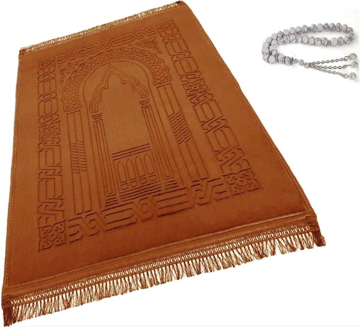 Prayer Rug Muslim Mat Islamic Thick Large Padded Sajadah for Kids Men Women with Islam Prayer Beads for Eid Travel Ramadan - Soft Luxuary Great for Knees and Forehead (B)