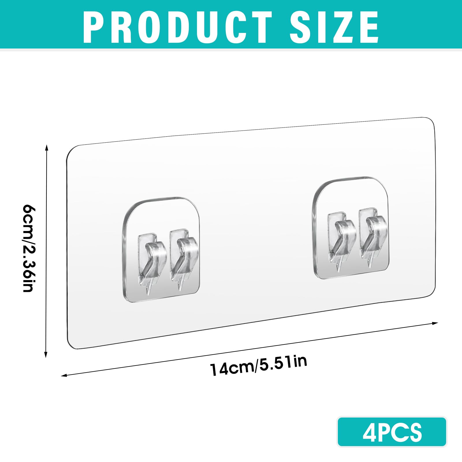 COMNICO 4 Pack Shower Caddy Adhesive Hooks Replacement, Strong Self-Adhesive Sticker No Drilling Waterproof Hanging Hooks for Bathroom Storage Shelves Kitchen Racks (Double Hook,Transparent)