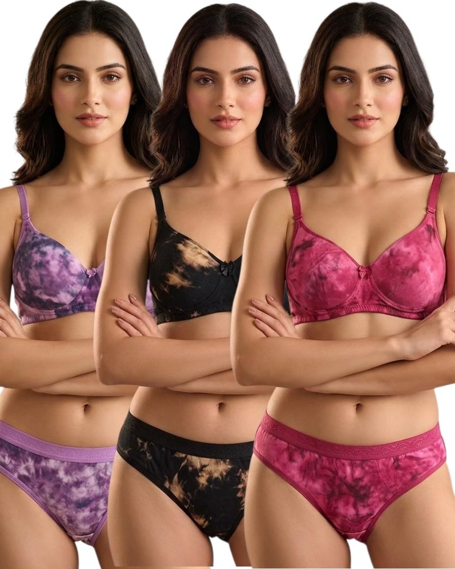 Women's Polycotton Padded Non-Wired Printed Bra and Panty Lingerie Set, Combo Pack of 3-picture-43