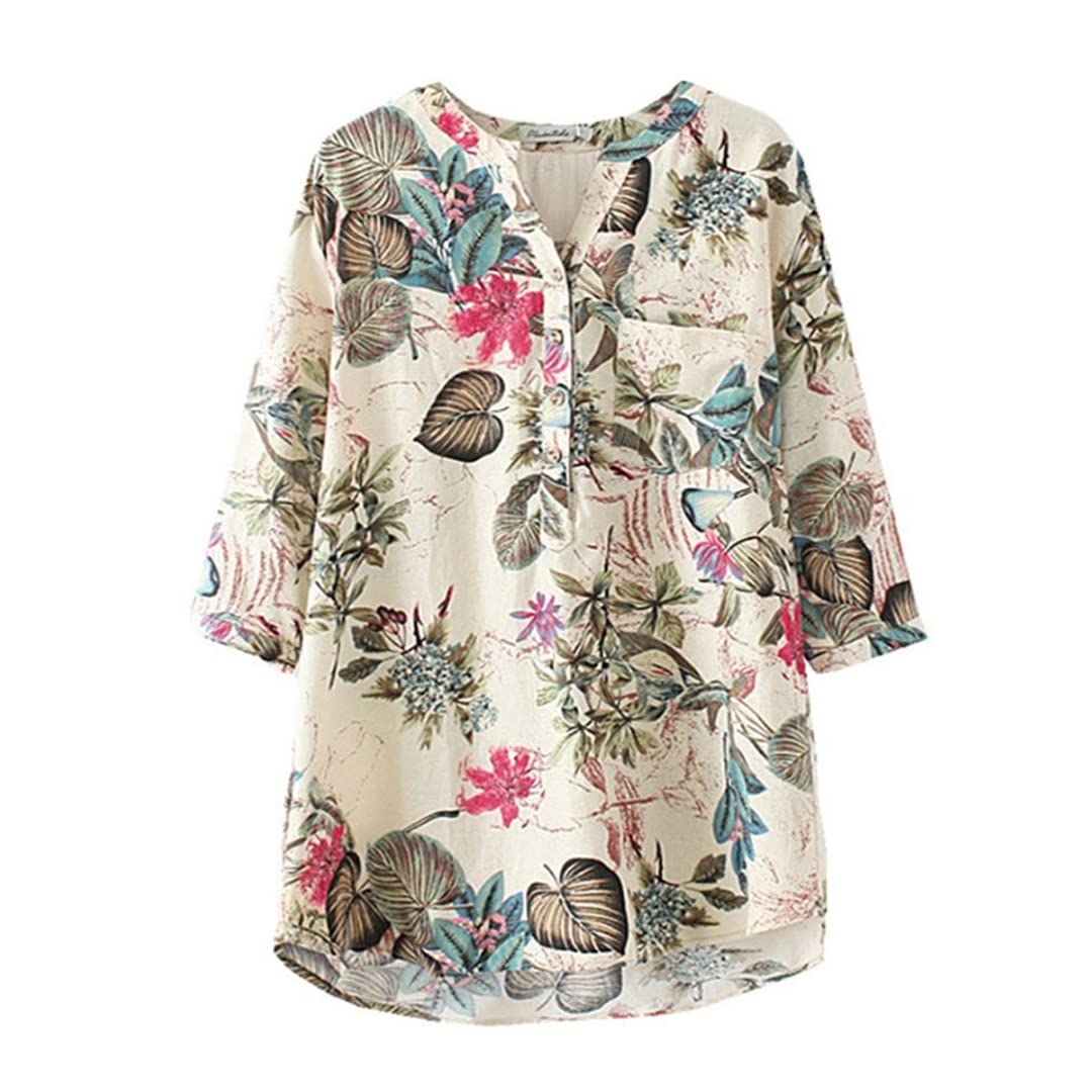 Générique Chemisier à Manches 3/4 à col en V pour Femmes Chemises Fines en Coton et Lin à Fleurs Tunique Longue décontractée avec Poche
