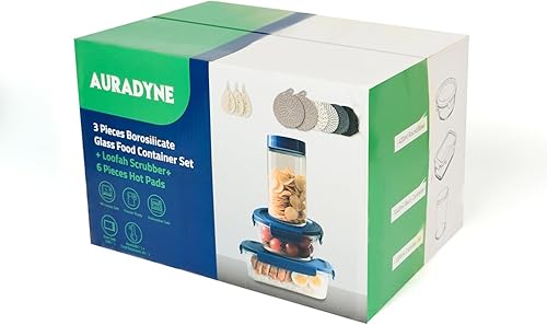 Miniatura 8 de AURADYNE - Recipientes de vidrio para almacenamiento de alimentos con tapas, 3 recipientes de borosilicato para preparación de comidas reutilizables