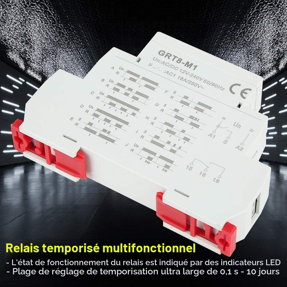 Jadeshay Relais Temporisé 12V GRT8-M1 Relais Temporisé Multifonctionnel avec 10 Fonctions Montage sur Rail DIN AC/DC 12V ~ 240V