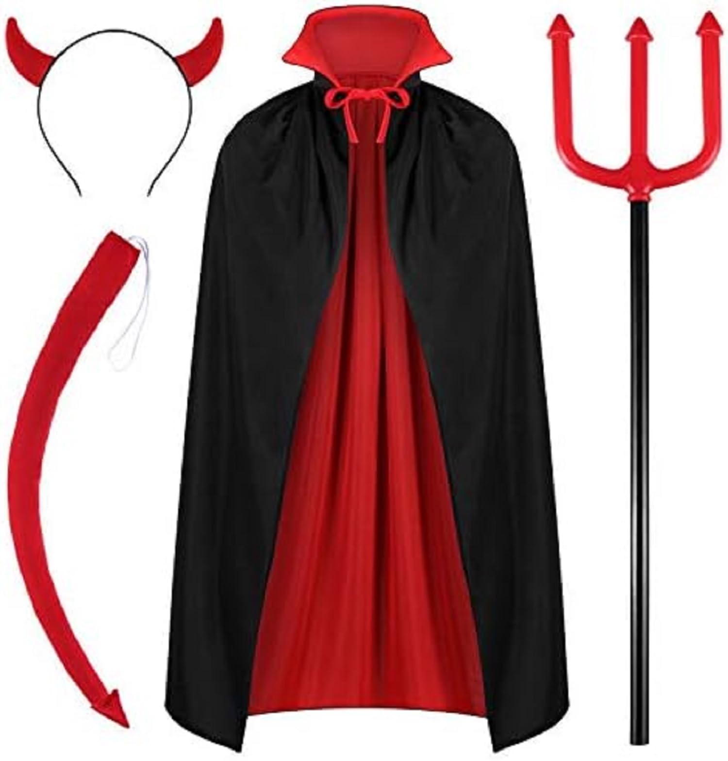 4 Pack Halloween Devil Costume Set for men Reversible Cloak Devil Horn Headband Tail Red Fork