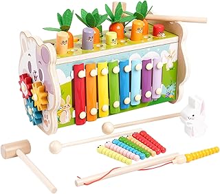 Montessori Toys for 1 Year Old, (8 in 1) ,Wooden Hammering Pounding Toy , Whack A Mole Game for Toddlers Xylophone Fishing Game, Toddler Activities for Baby Girl Boy Age 1 2 3 Years Old Birthday Gift