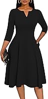 Nmoder Women's A-Line Midi Dress: Fit & Flare 3/4 Sleeve V-Neck with Pockets - Wedding Guest, Cocktail, Work