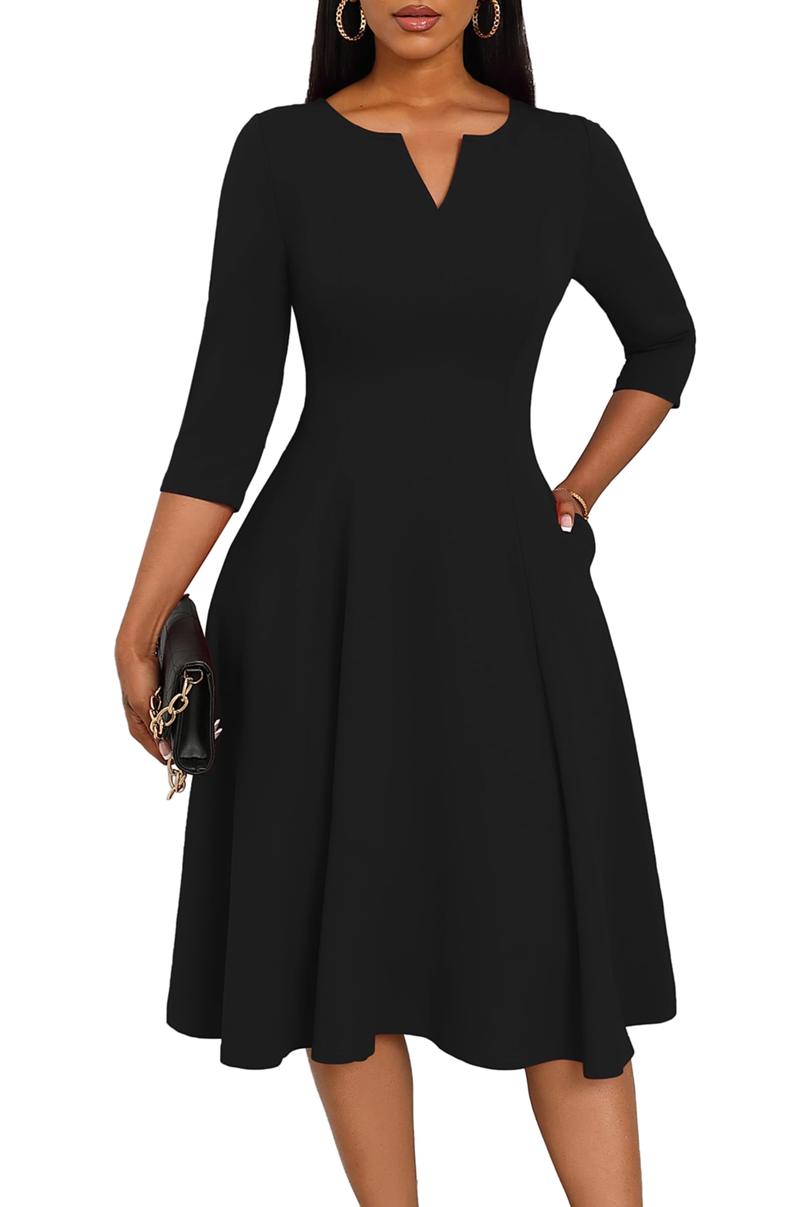 Nmoder Midi Dresses for Women A-Line Fit and Flare Dress 3 4 Sleeve V Neck Cocktail Wedding Guest