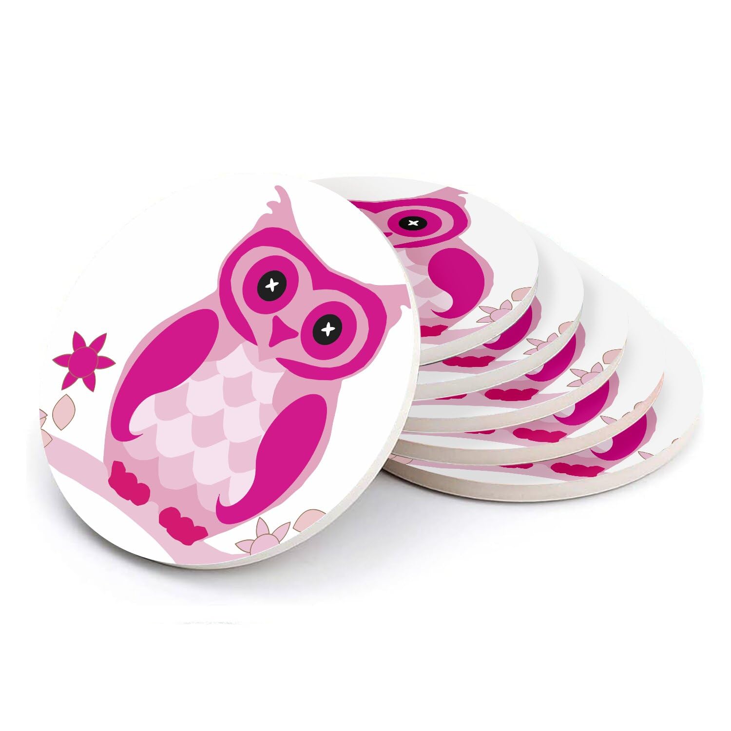 Sous-verre ronds en céramique motif chouette rose idée cadeau originale lot de 6
