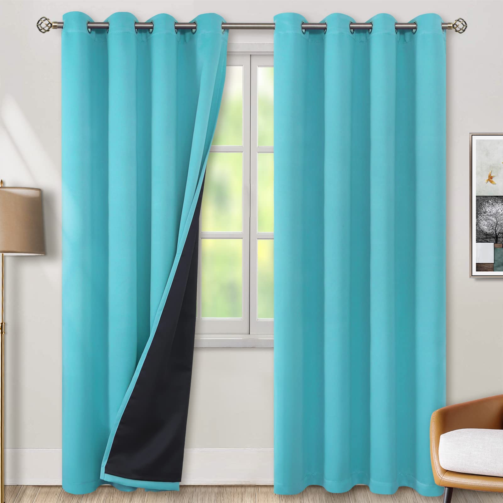 BGment 100% Blackout Curtains for Bedroom Window 84 Inch Length 2 Panels Set, Thermal Insulated Full Light Blocking Grommet Drapes for Living Room Darkening with Black Liner, 52 Inch Wide Each, Aqua