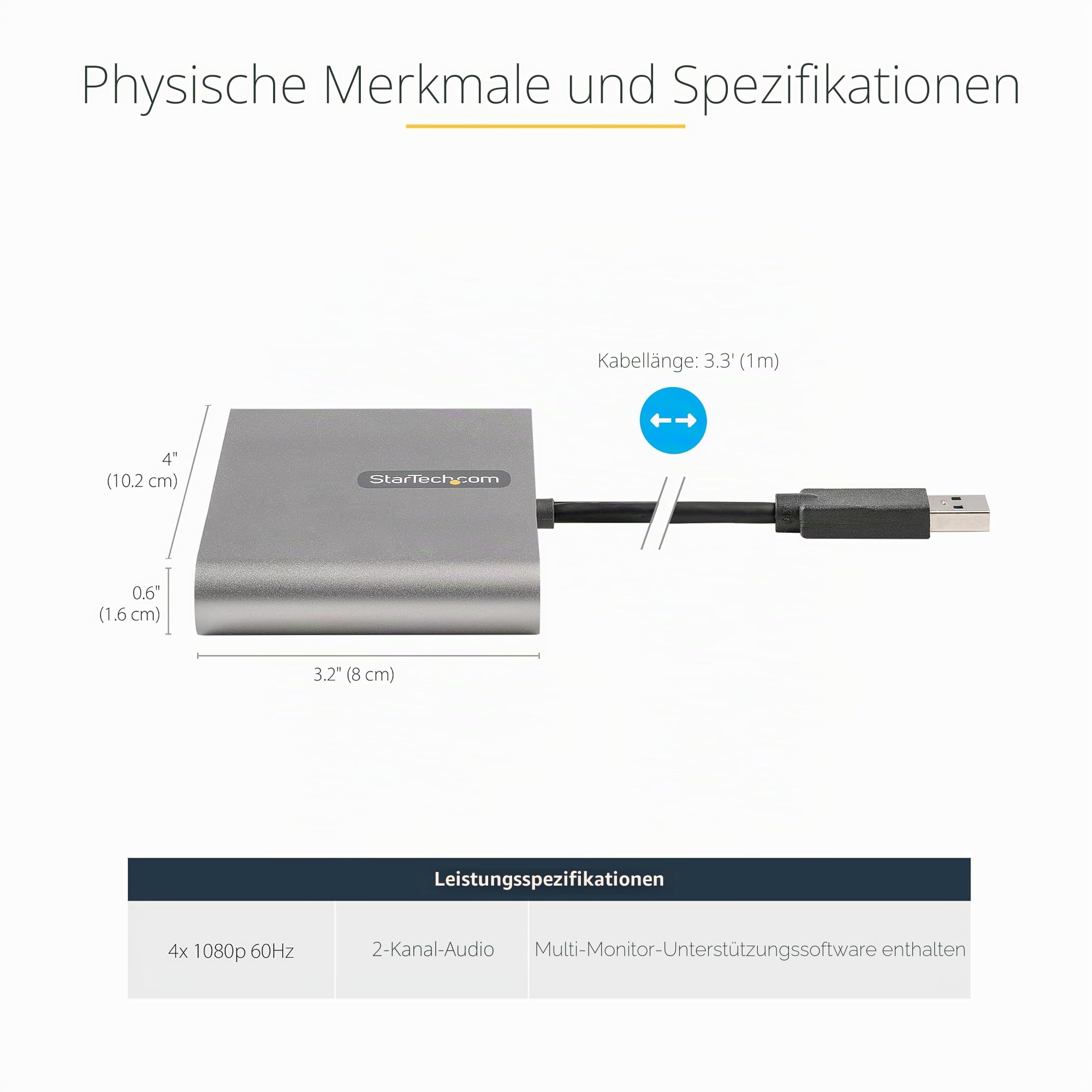 StarTech USB-A auf 4x HDMI, 4x 1080p 60Hz, 1m, USB-betrieben, Windows | Quad HDMI Konverter, Externe Videokarte, Bis 5 Displays, Für Laptops und Desktops