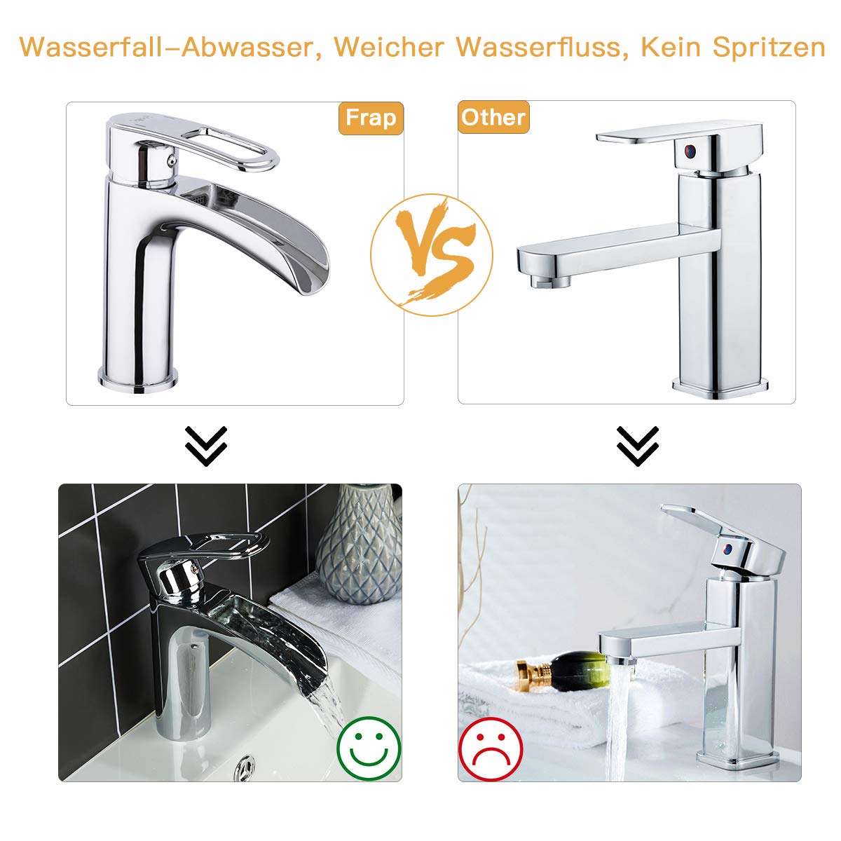 Frap Rubinetto miscelatore a cascata per lavabo da bagno, miscelatore monocomando per bagno, cromato