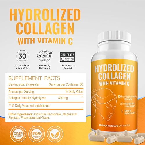 Miniatura 6 de Aura Vitamina Hidrolizada Colágeno con Vitamina C Cápsulas 500mg Gran Energía  Apoyo para la piel, el cabello y las uñas  Pastillas de ácido