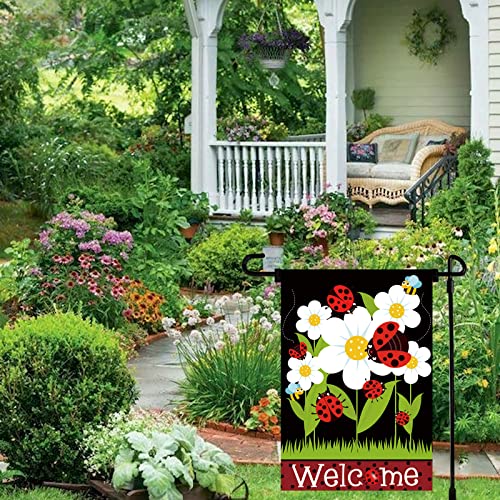 Meltelof Welcome Ladybug Garden Flag Ladybugs Floral Daisies Spring Yard Outdoor Decor Home Decor 12 X 18 Inch Double Sided #TOP4