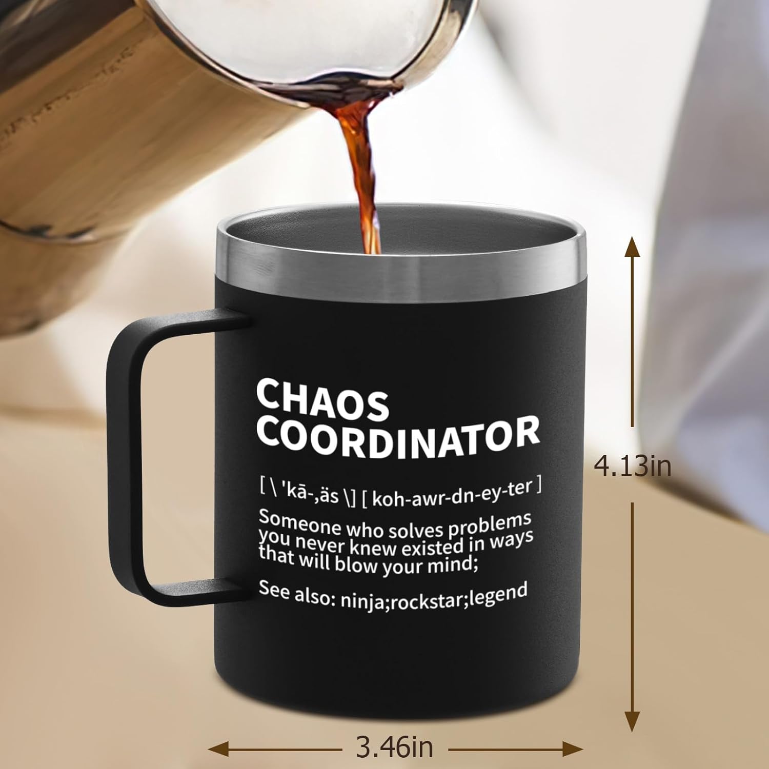 COMOOO Gifts For Men Women, Chaos Coordinator Funny Coffee Tumbler with Handle, 14oz Stainless Steel Coffee Mug Gift for Christmas, Birthday, Families, Boss, Friends, Coworkers,Dad, Mom - Image 3