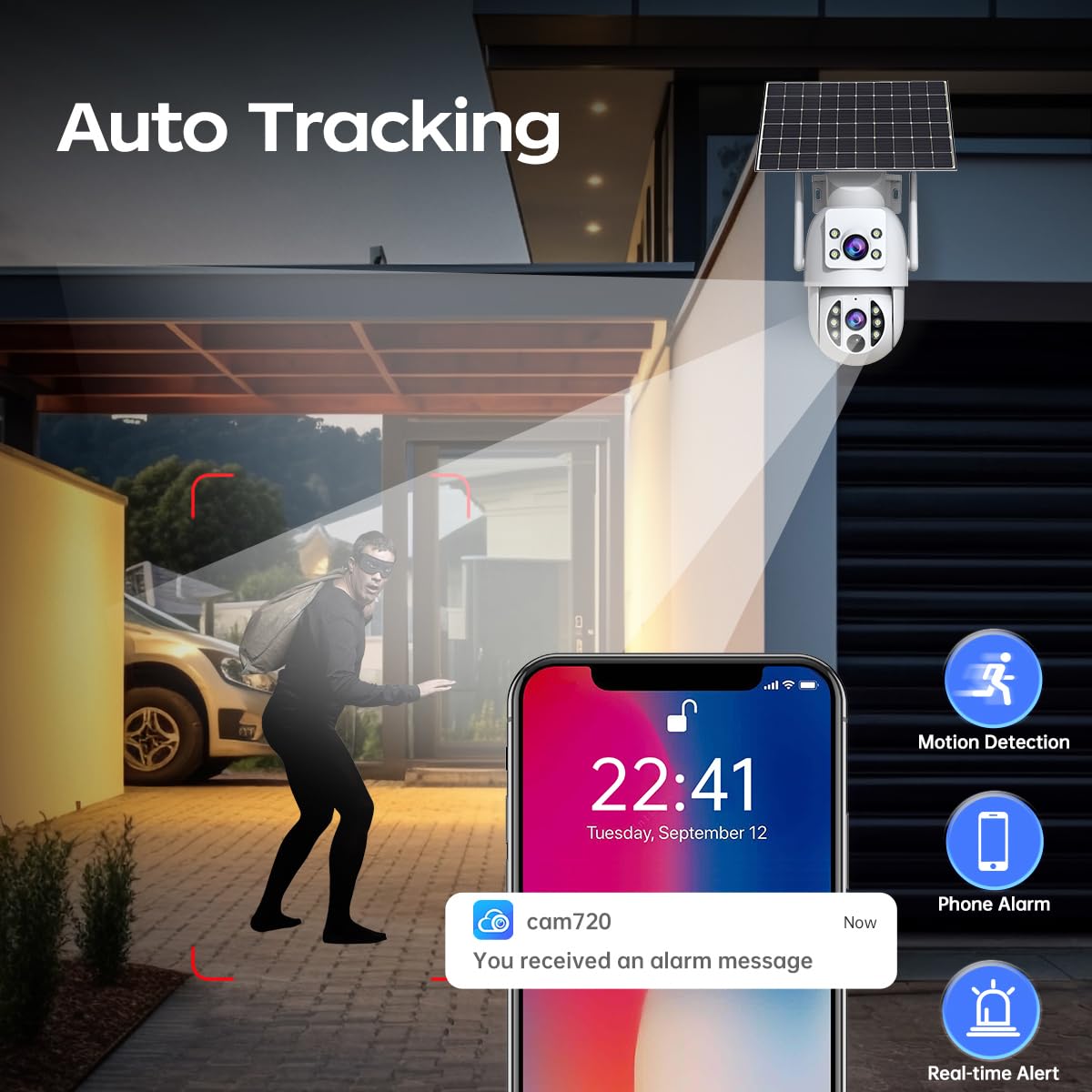 JOOAN Cámara de seguridad solar inalámbrica WiFi 2Kx2 360°PTZ Cam doble lente 9000mAh batería color noche sonido y luz alarma IP66 resistente a la intemperie tarjeta de seguimiento humano