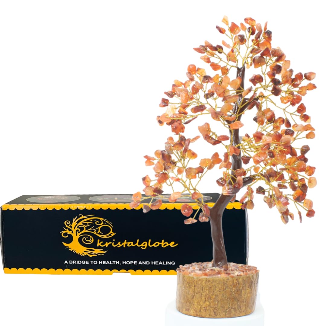 Carnelian Healing Crystal Tree of Life, Handmade Gemstone Bonsai 300 Natural Stones on Golden Wire & Wooden Base, Reiki