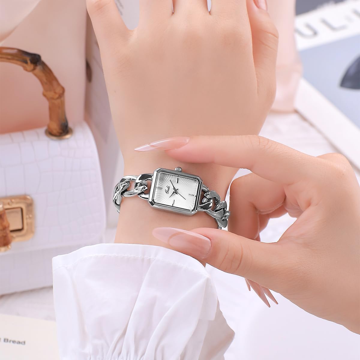 CARLIEN Womens Small Luxury Fashion Rectangular Chain Bracelet Quartz Watch Ladies Stainless Steel Band Dress Wristwatch Gold Silver - Image 4