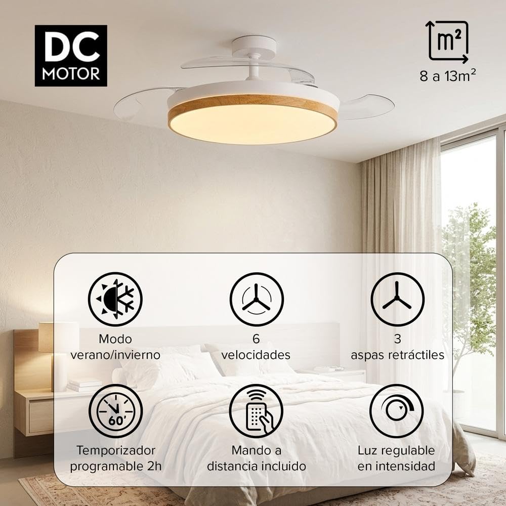 CONCEPT NATURE Ventilador de Techo con luz, Madera | Luz LED regulable, 3 tonos de luz, Motor DC, 6 velocidades, Mando a distancia, Temporizador 2H, Modo verano/invierno