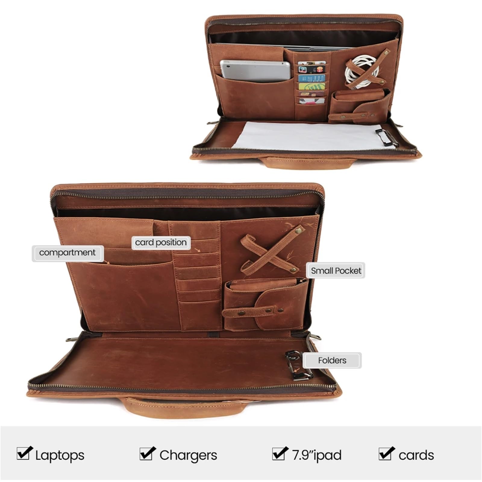 Bolso Mensajero De Cuero Maletín retro de cuero for hombre, for portátil 15,6", bolso mano 7,9", organizador negocios, viaje for oficina En Viaje De Negocios