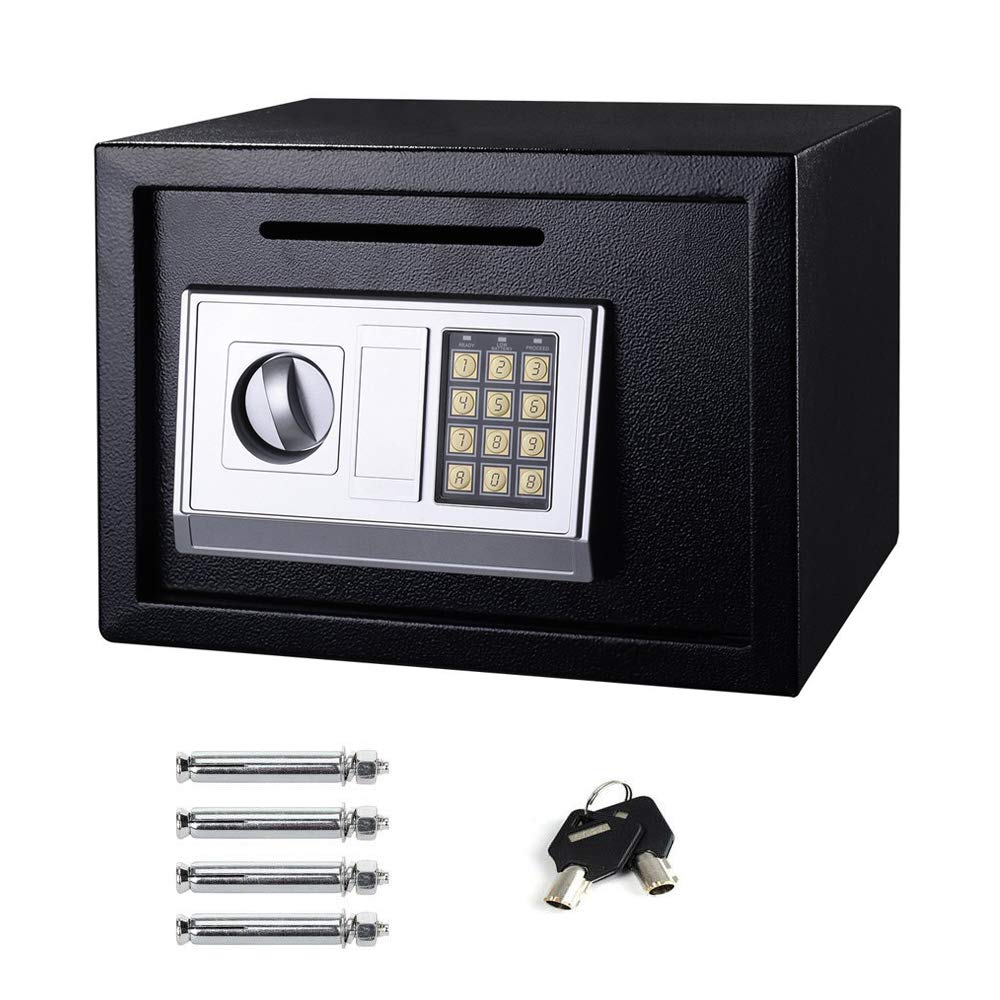 Electronic Safe Digital Security SafeBox with Two Emergency Overide Keys and Keypad, Front Loading Coin Slot 16L Black Cabinet Safes, for Home & Office Protect Cash, Money, Jewelry, 35x25x25cm
