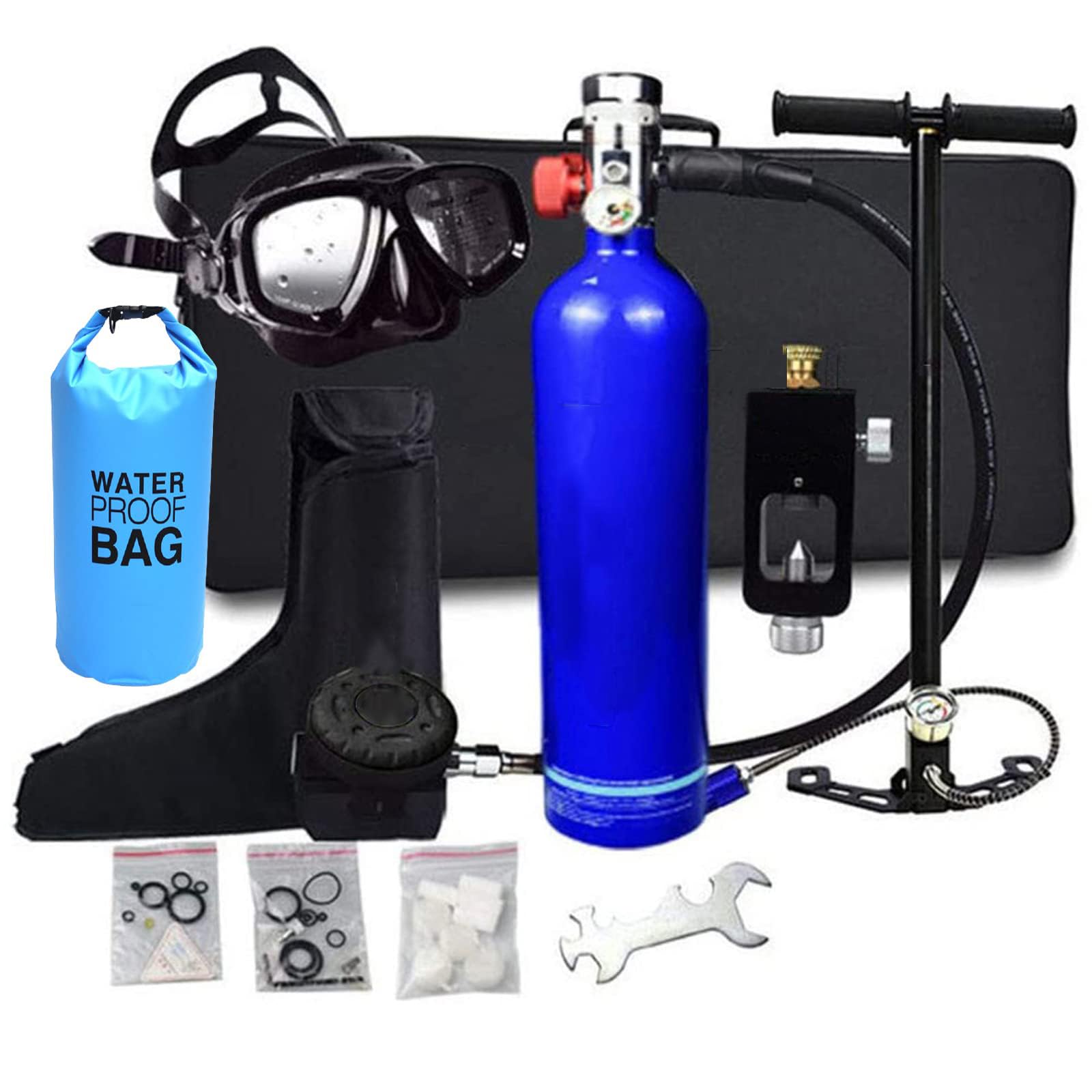 Tauchausrüstung, Scuba Sauerstoffflasche Tauchen, Diving Tank Ausrüstung, 1L Mini Tauchflasche 15-20 Minuten Frei Atmender Tragbarer, Mit Pumpe, nachfüllbarem Design