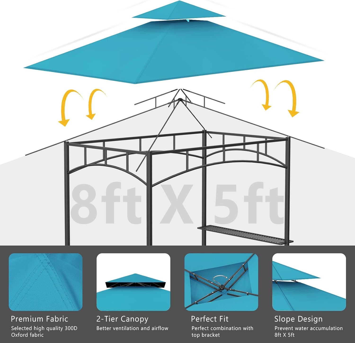 Grill Gazebo Replacement Canopy Top Only - 5' x 8' Outdoor BBQ Gazebo Canopy Roof, Waterproof Double Tiered Shelter Cover Fit for Model L-GG001PST-F (Turquoise, 5x8)