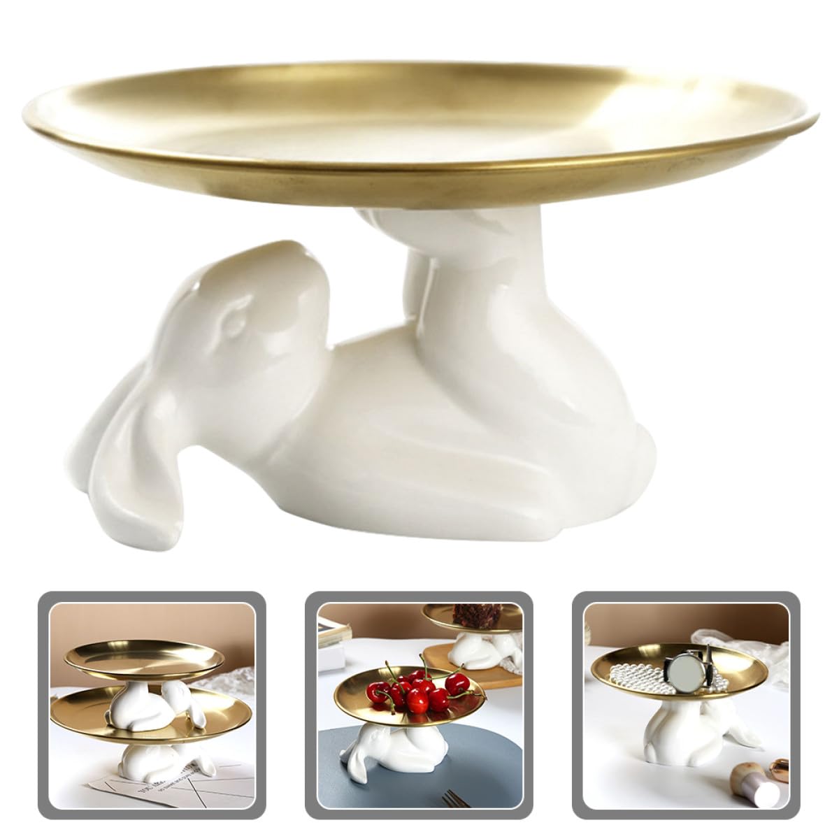SECFOU Vassoio per Dolci in Acciaio Inox e Ceramica con Coniglio, Bianco