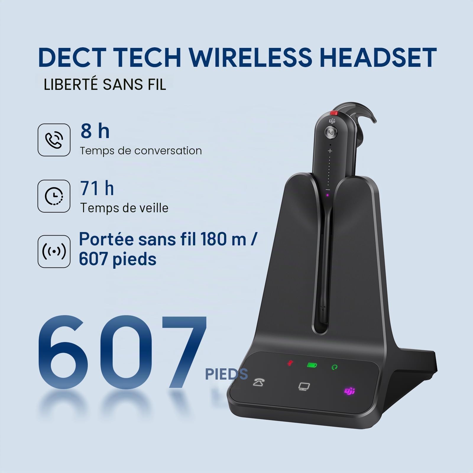 Yealink WH63 Wireless DECT Headset UC, Casque téléphonique de Bureau avec Microphone, portée sans Fil de 120 m, 8 Heures d'autonomie de Conversation, Port dans Les 3 Sens