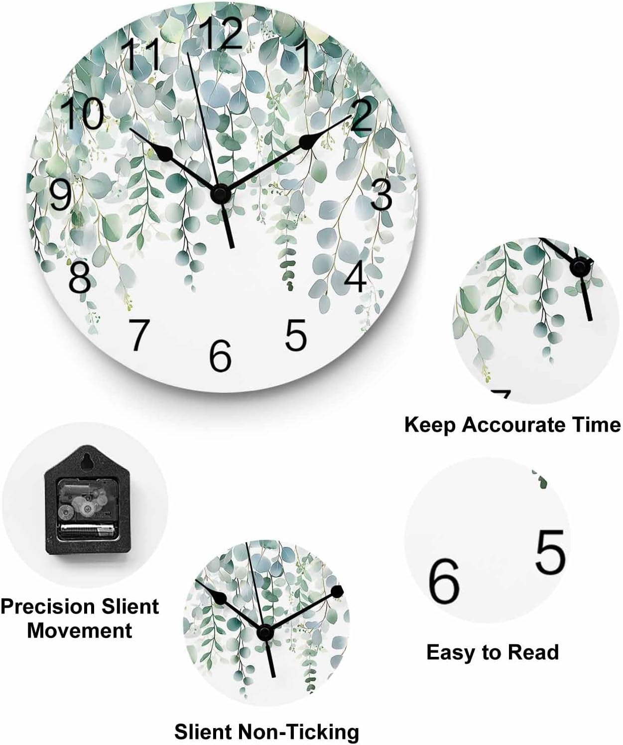 Wall Clock Sage Green Eucalyptus Leaves Clocks PVC Silent Non-Ticking Battery Operated Decorative Spring Leaf Plant Round Clock for Home Living Room Kitchen Bedroom Office School Wall Decor 12 Inch