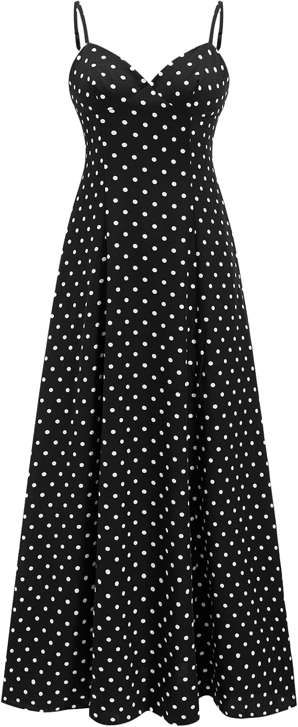 Women's Summer Polka Dots Maxi Dress Elegant Deep V Neck A Line Flowy Evening Party Dresses