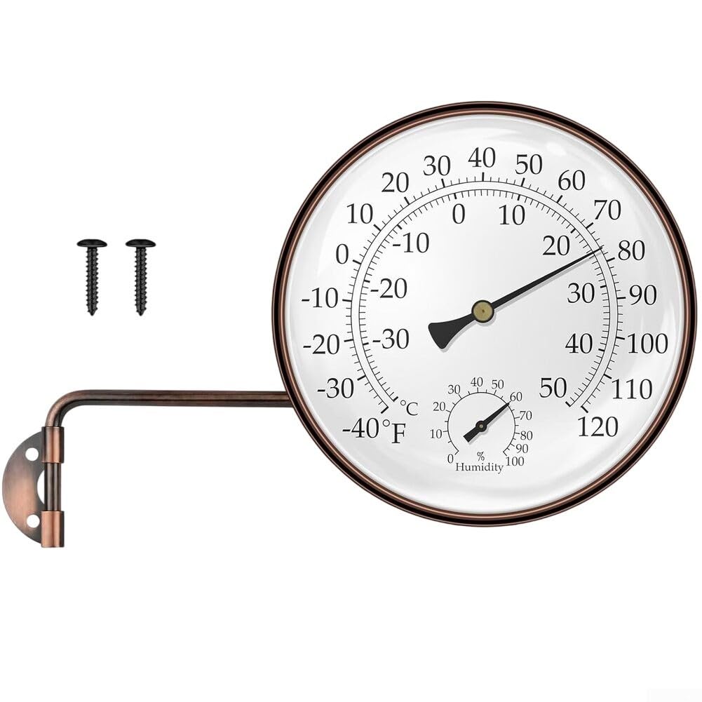 6 Zoll Kupfer Outdoor Thermometer Hygrometer, Wetterfest Analog für Zifferblatt °F/°C Skala Sensor für Garten Terrasse Gewächshaus Garage Wandhalterung