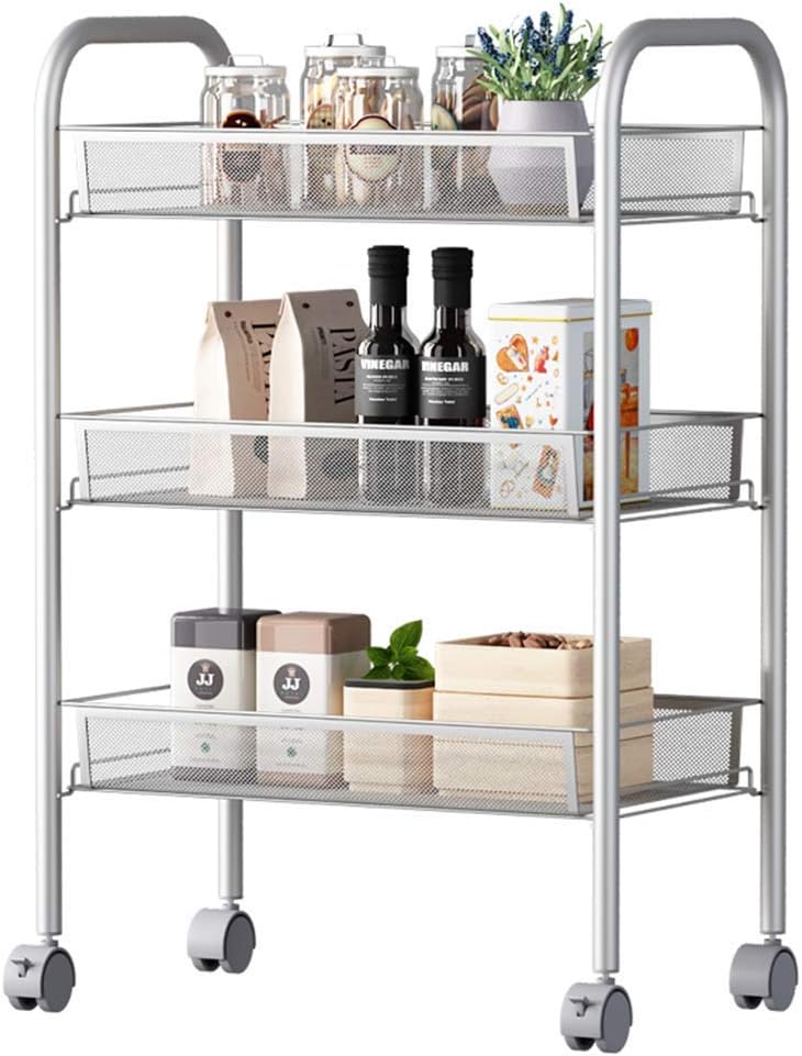 3-Layer Caster Kitchen Shelf/Move Trolley/Living Room Bedroom Storage Shelf/Silver Cart