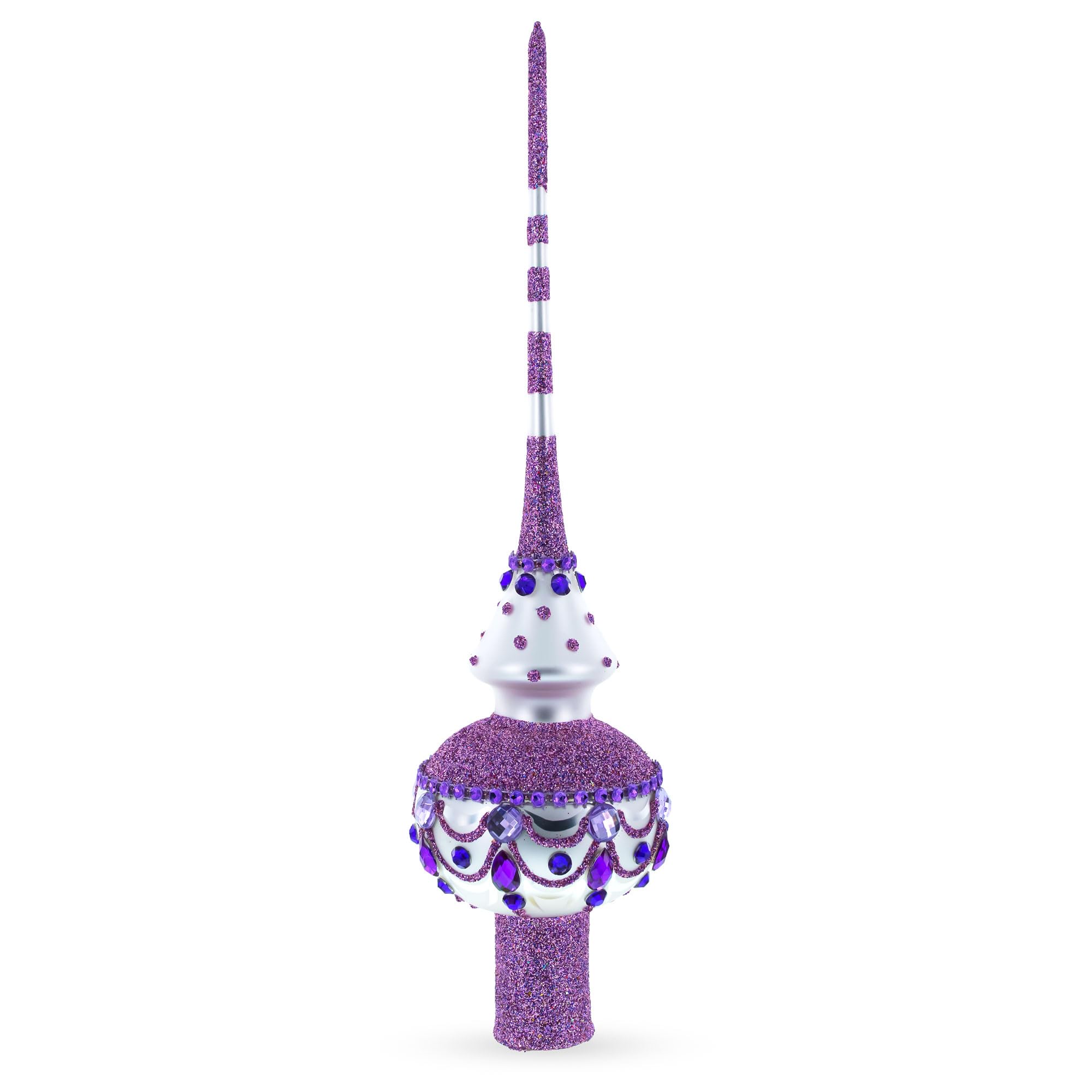 Dimensional Jeweled Purple Chandelier on White Blown Glass Christmas Tree Topper 11 Inches