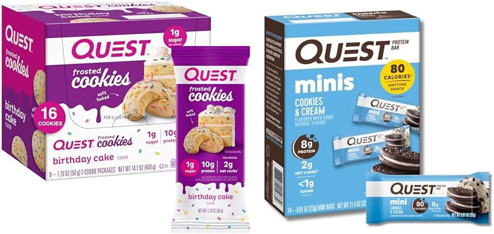 Quest Birthday Cake Frosted Cookies Twin Pack, 16 Cookies and Quest Mini Cookies & Cream Protein Bars, 14 Count
