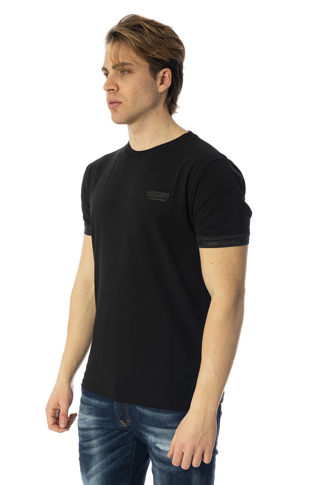 Moschino T-Shirt Mężczyźni Czarny T-Shirt Casual z logo z rękawem i klatki piersiowej