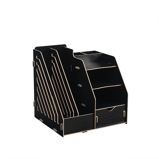 HomJoy Multi-Functional Wooden Desktop Organiser, DIY Desk Tidy Stationary Storage Cabinet with 2 A4 File Holder Sections, 5 Compartments and 1 Drawer for Home, Office and School (Black)