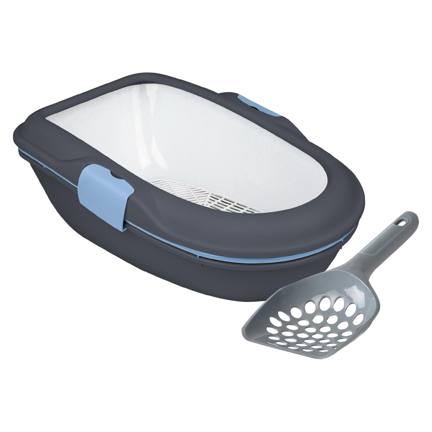 Combo of Trixie Berto Cat Litter Tray, Three-Part System, Double Rim - Dark Grey (58 x 38 x 20cm) and Savic Macro Cat Litter Scoop, Plastic (Color May Vary)