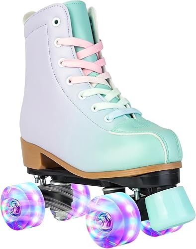 Patines de ruedas para niñas y mujeres, de piel sintética, color verde degradado, morado, con ruedas flash, patines para interiores y exteriores,