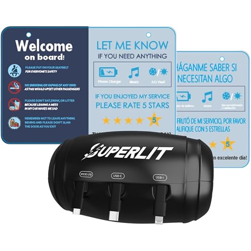 SUPERLIT 3-in-1 Backseat Retractable Car Charger Station – Universal Fast Charging Box for iPhone, Samsung, Android – Mount to Headrest – Ideal for Uber, Lyft, Turo, Rideshare Drivers with Tip Sign