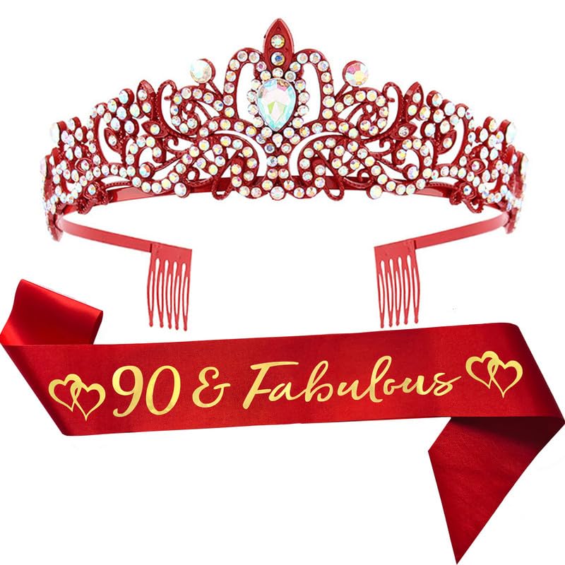 90th Birthday Sash and Tiara for Women Red 90 Fabulous Birthday Decorations Happy Birthday Party Favor Supplies Gifts for Her