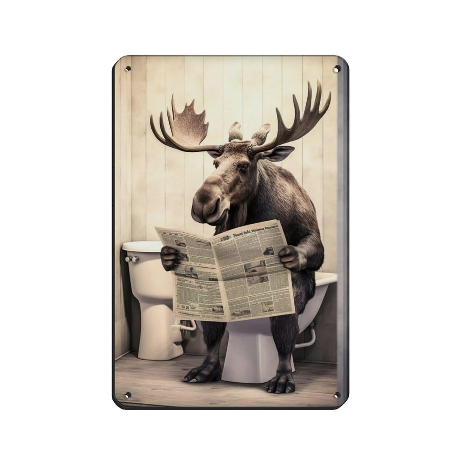Lxwnze 20L X 30W Cm Moose Sitting On The Toilet Reading A Newspaper Retro Poster Metal Tin Sign Chic Art Retro Iron Painting Bar People Cave Cafe Family Garage Poster Wall Decoration 8X12inch(20X30cm)
