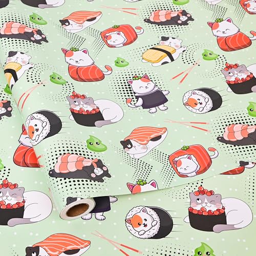Dtiafu Sushi Cat Wrapping Paper Roll Funny Kawaii Cat Japanese Gift Wrap Sheets for Girls Boys Women Pet Lovers Birthday Holiday Baby Shower - Total 28.5sq.ft