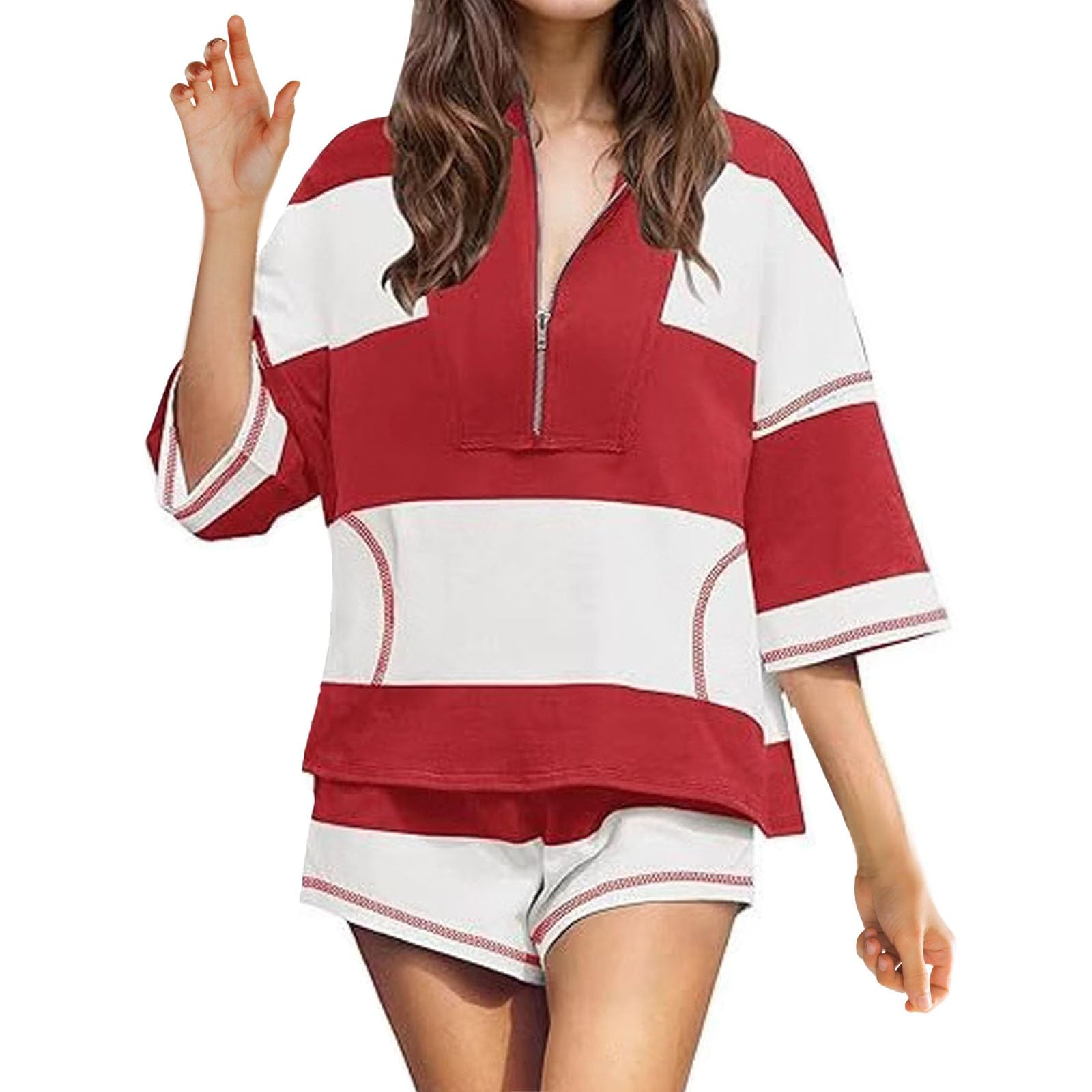 Abbigliamento sportivo da donna, set da 2 pezzi, maglietta a righe oversize