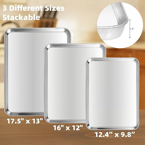 Miniatura 2 de Juego de bandejas para hornear de 3 piezas, bandejas para hornear de acero inoxidable resistentes, hojas para galletas y bandejas de cocina para