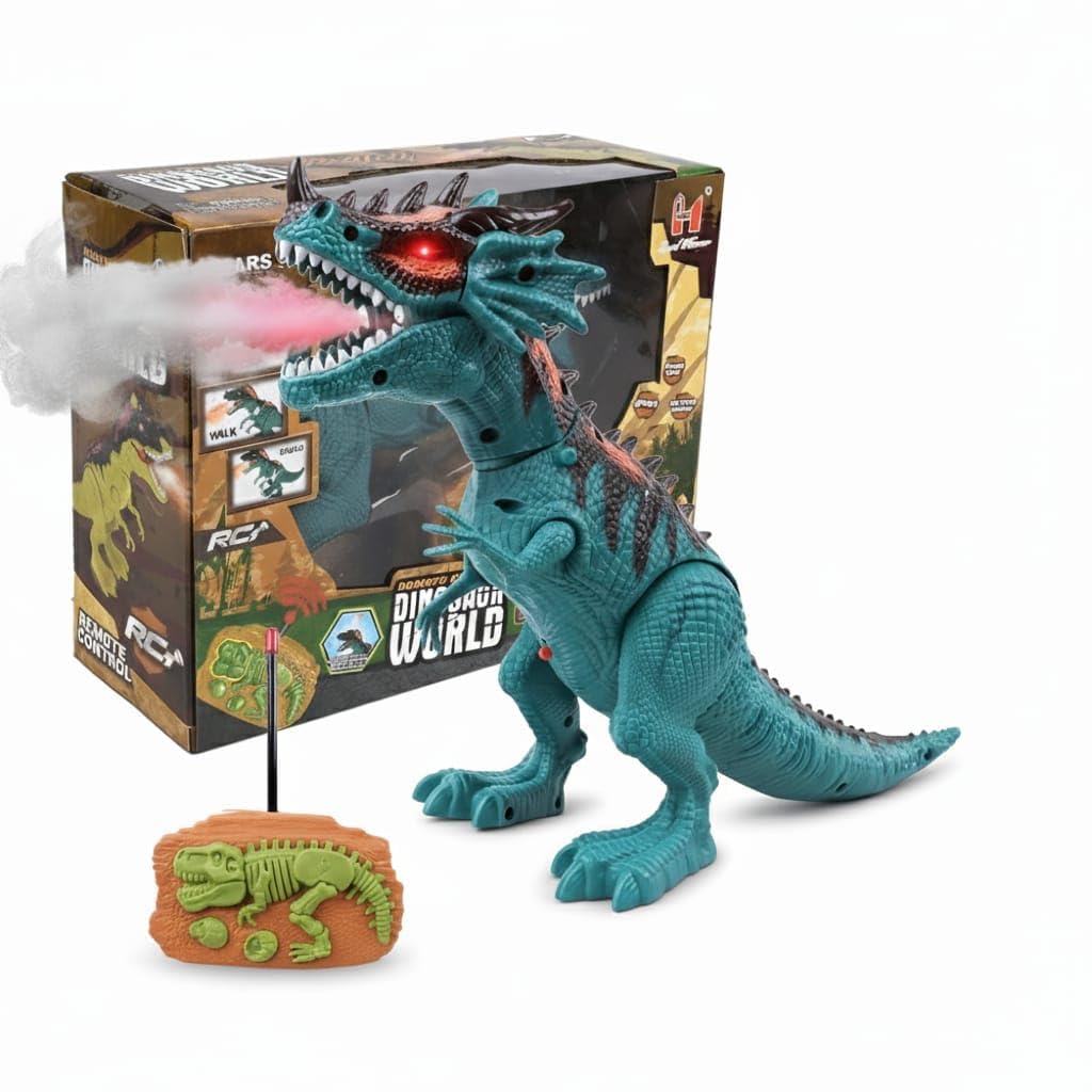 Dinosaur World, Teal T-Rex with Fossil Display Base, Walking Movement, Light Up Eyes, Roaring Sound Effects, Interactive Educational Toy (Blue)-image-20