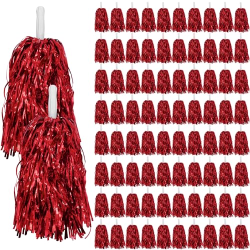 80PCS Cheerleading Pom Poms Metallic Foil Plastic Pom Poms for Football Basketball Sports Squads Dancing Party Stage Performance Celebration (Red)