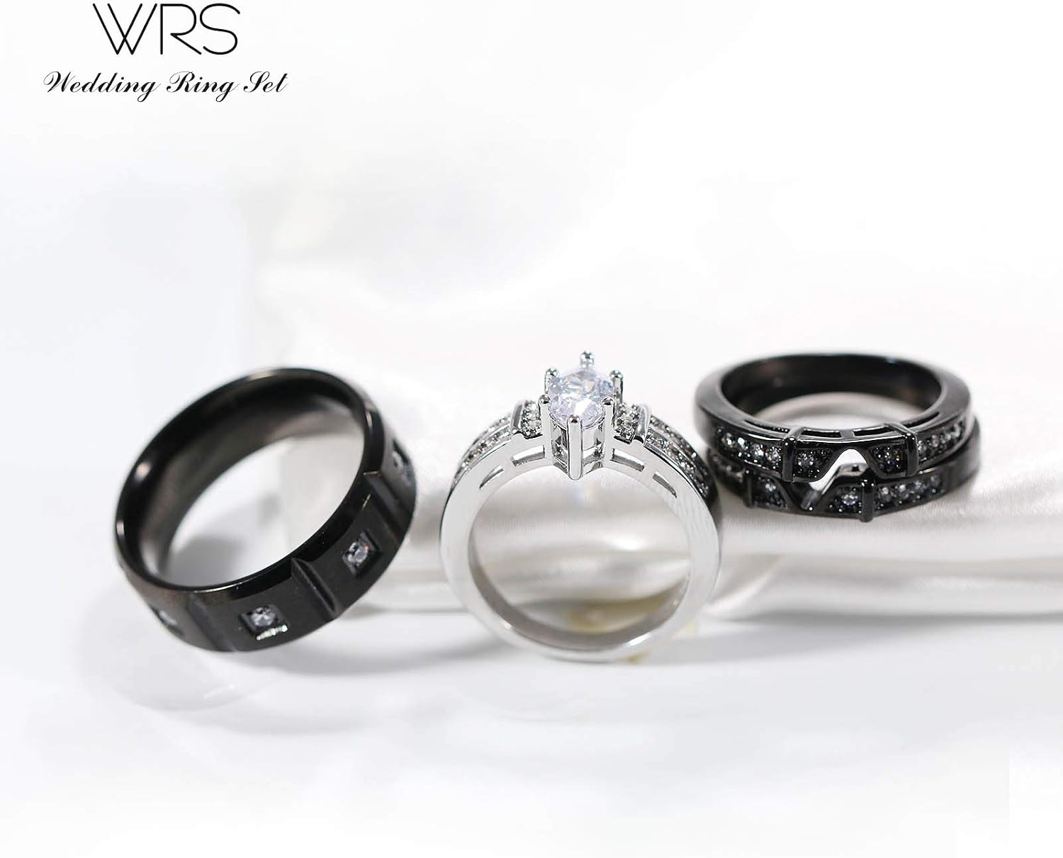 Two Rings His Hers Wedding Ring Sets Couples Matching Rings Women's 2pc Black Gold Plated White CZ Wedding Engagement Ring Bridal Sets Men's Titanium Band Wedding Band