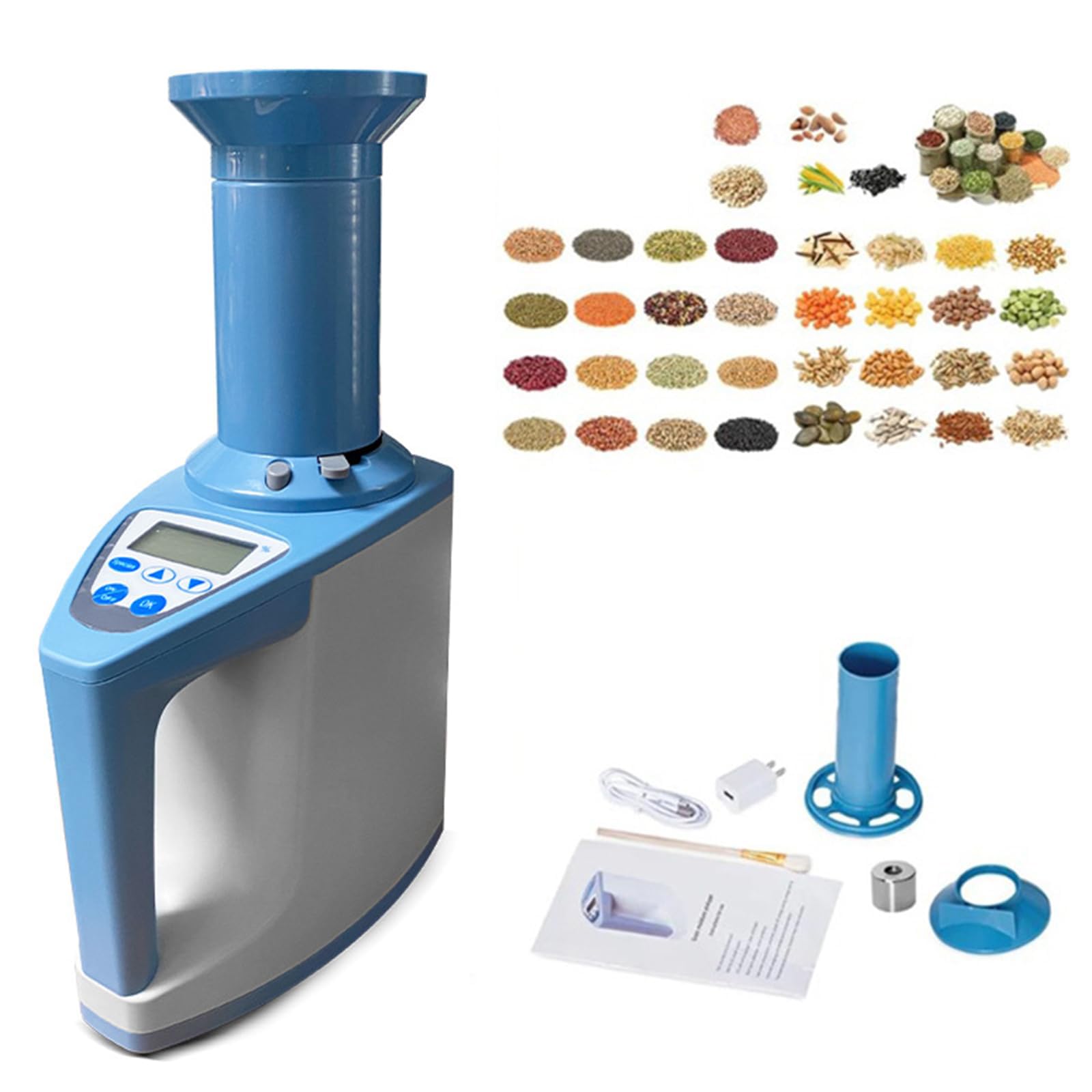 Tester portatile di umidità per cereali, 35 in 1 metro, per semi, riso, mais, grano, misurazione del peso e della temperatura, per agricoltori