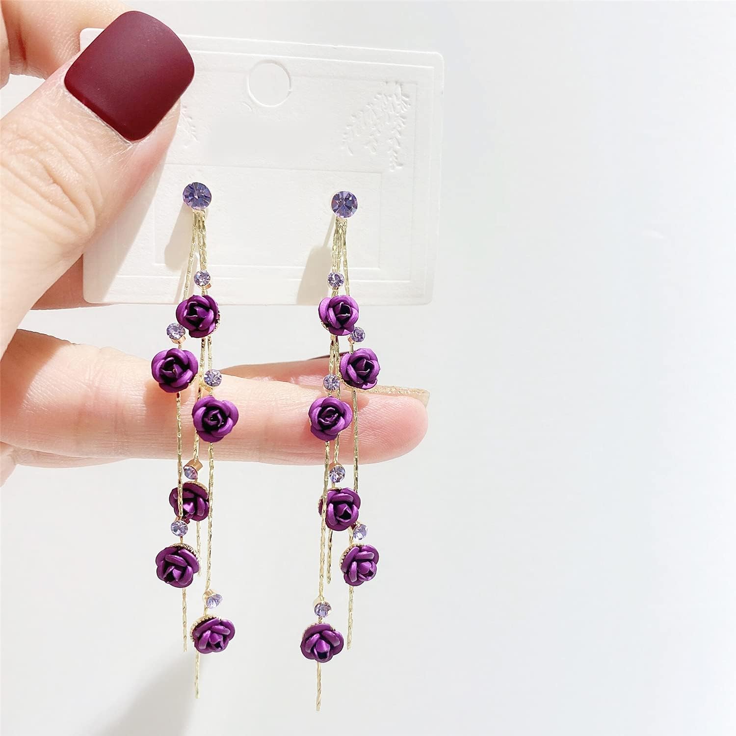 ANDPAI Unique Chic Long Tassel Chain Red Purple Rose Flower Dangle Drop Stud Earrings with White Sparkly Crystal for Women Statement Jewelry Gifts - Image 9