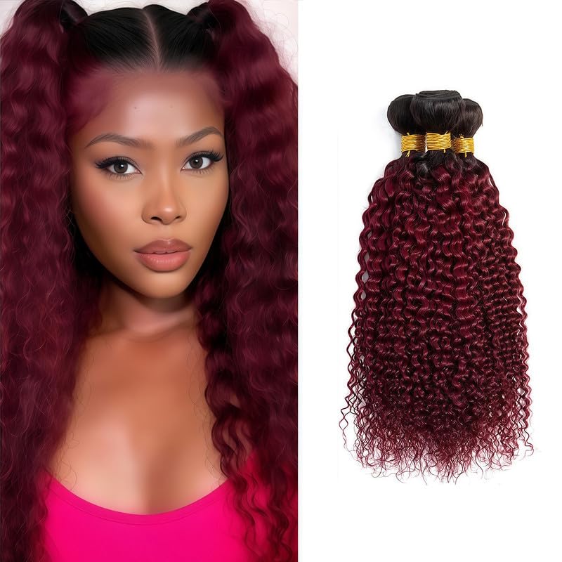T1B/99J Ombre Burgundy Bundles Human Hair Curly 12 14 16 Inch Curly Human Hair Bundles Brazilian Virgin Remy Quick Weave for Black Women T1B/99J Color